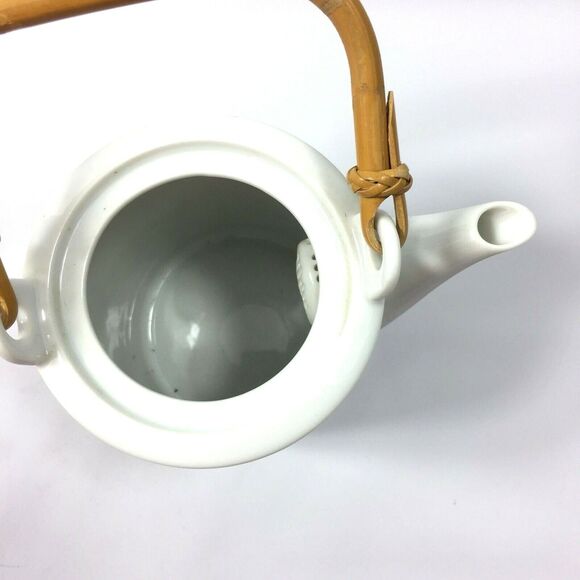 Oriental Teapot & 4 Tea Cups Green Red Blue Floral Gold Rattan Handle Home Decor - Picture 12 of 13